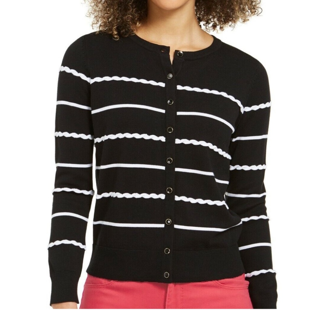 Charter Club Cardigan Sweater L Black White Stripe Long Sleeve Cotton Rayon